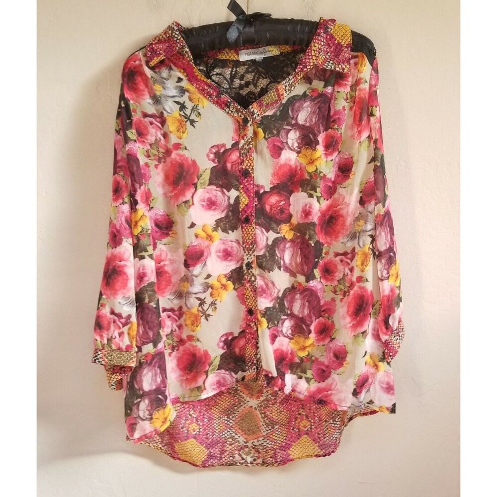 Figueroa & Flower Top Womens Button Up 3/4 Sleeve Floral Lace Trim Shirt Orange